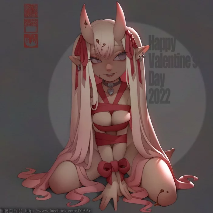 Valentine Girl by JYB - NSFW, Jyb, Girls, Art, Girl with Horns, Demon they, Monster girl, Original character, Demoness, February 14 - Valentine's Day