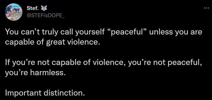 There's something about it... - Violence, Peacefulness, Difference, Harmless, Twitter, Screenshot