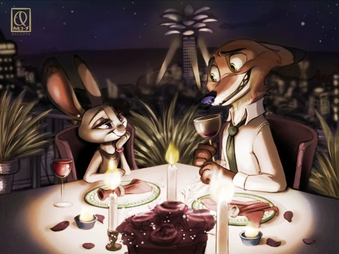 Romantic dinner - Zootopia, Nick wilde, Judy hopps, Nick and Judy, Qalcove, Romantic dinner, Art, February 14 - Valentine's Day, Furry