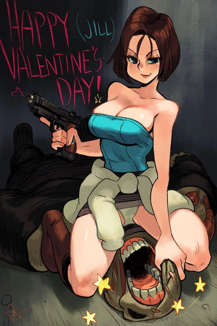 Happy Valentine by Alex Ahad - Девушки, Игры, Game Art, Jill Valentine, Resident Evil, Resident Evil 3, Nemesis, Игровой юмор, 14 февраля - День святого Валентина, Alex Ahad