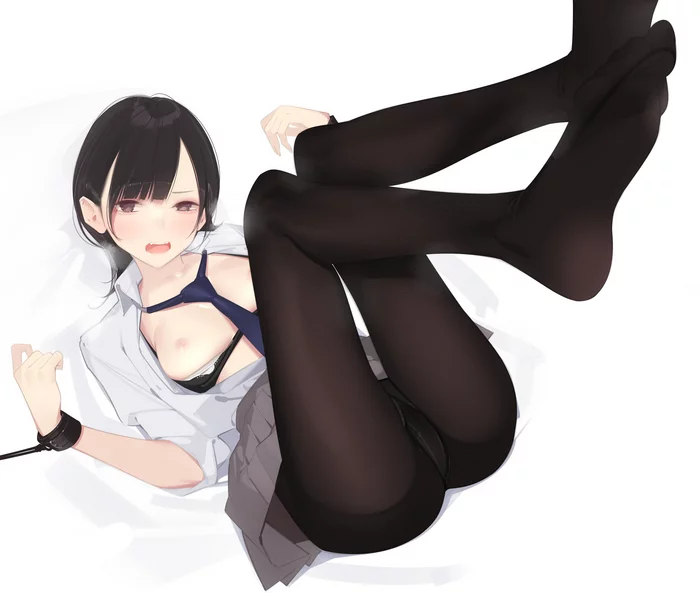 Art by Ama Mitsuki - NSFW, Anime art, Anime, Girls, Underwear, Ama mitsuki, Tights, Boobs, Handcuffs