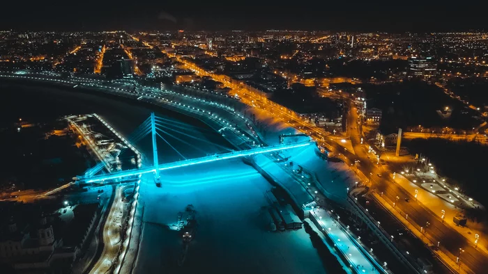 Night Tyumen - My, Night, Tyumen, Bridge, Lights, Town, Embankment, DJI mini 2