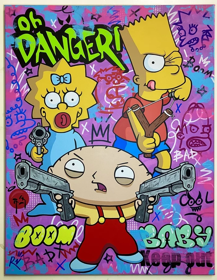 Painting OCG - My, Painting, Artist, Acrylic, Canvas, Art, Modern Art, Needlework without process, Bart Simpson, The Simpsons, Stewie Griffin, Pistols, Cartoons, Graffiti, Pop Art, Longpost