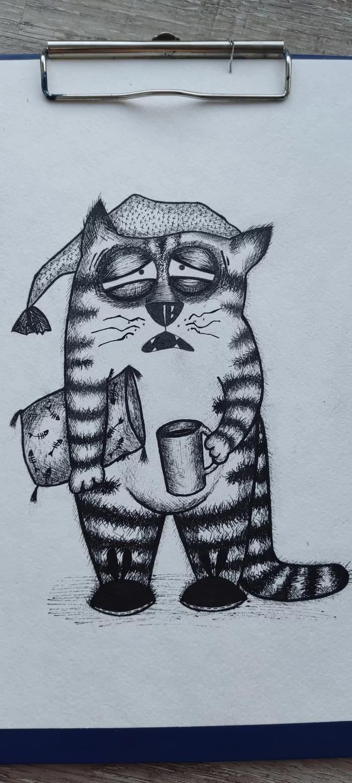 I haven't drawn for a long time, I decided to remember :) - My, Pen drawing, cat, Longpost