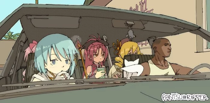 Grand Theft Madoka Magica - Mahou Shoujo Madoka Magica, GTA: San Andreas, CJ, Anime, Art, Anime art, Games, Humor, Crossover