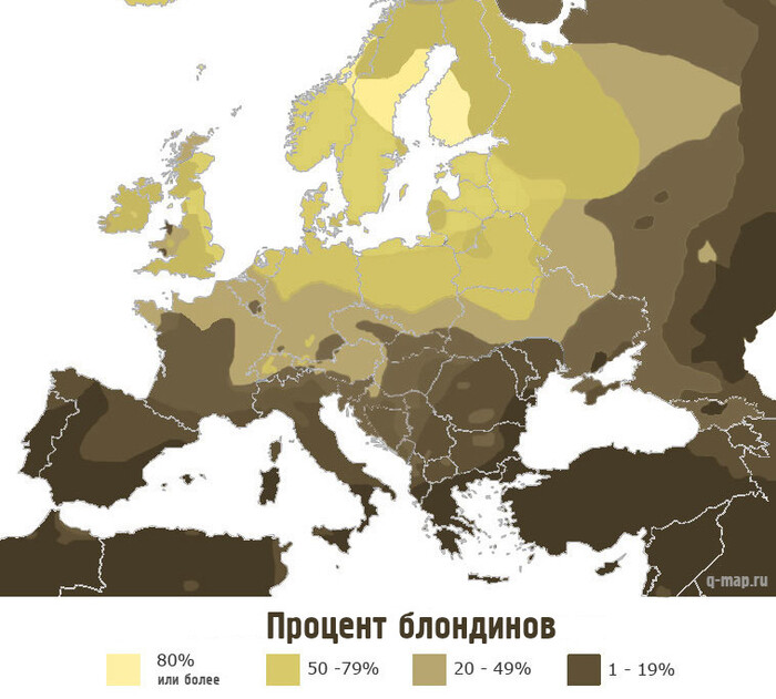 Карта распределения блондинов в Европе