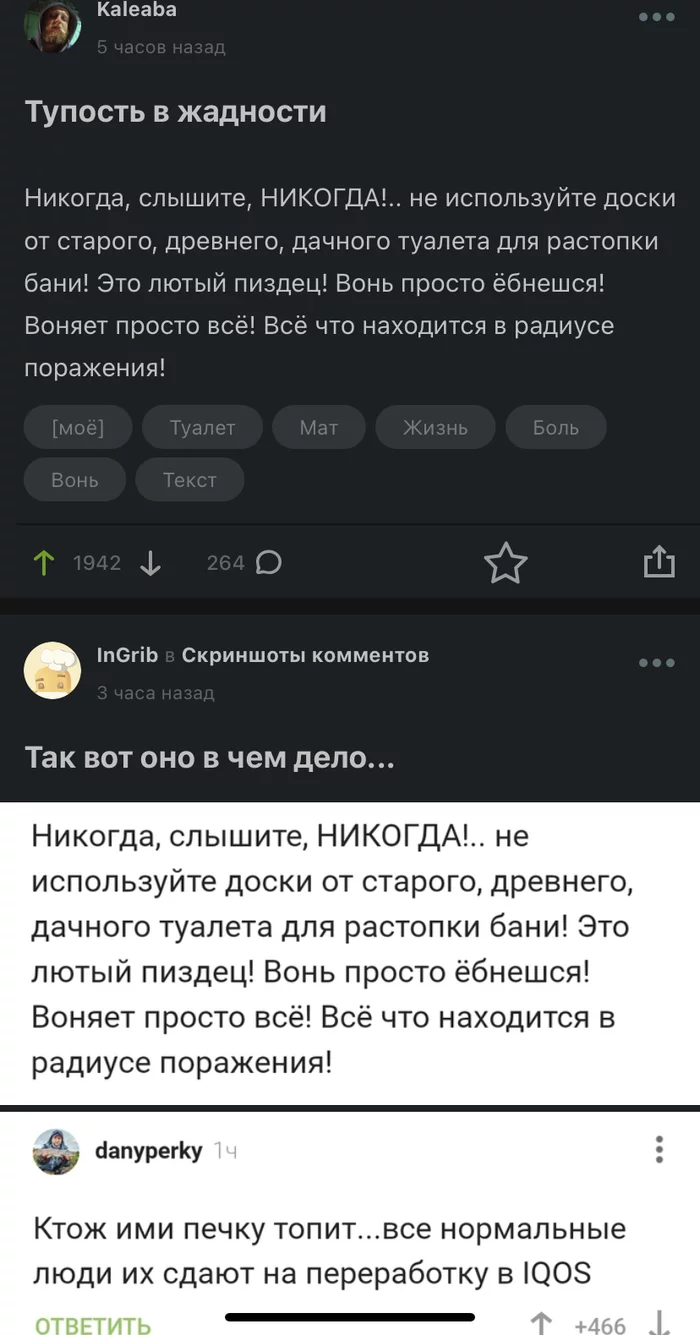 Интересно попробовать - Моё, Туалет, Мат, Жизнь, Боль, Вонь, Текст, Комментарии на Пикабу, Скриншот, Дрова, IQOS, Повтор