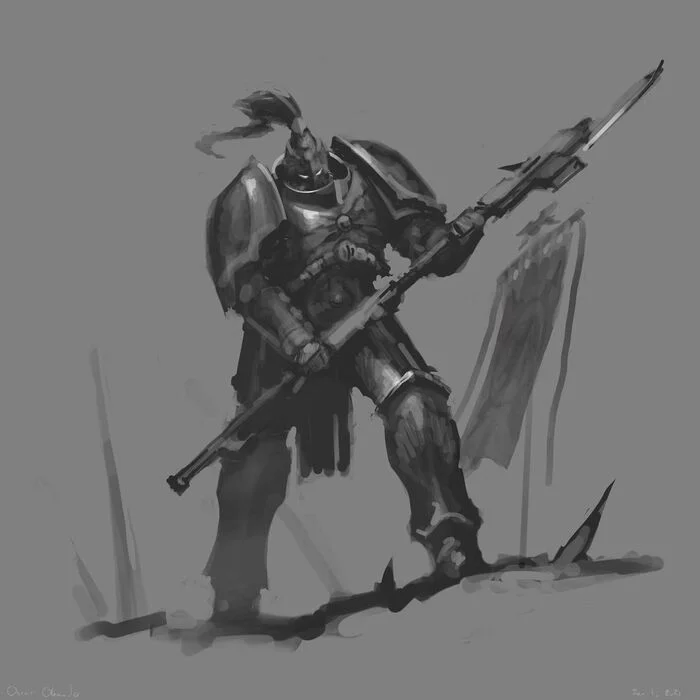 Custodes & Thunder Warrior Art Study by Oscar Obando - Oscar Obando, Wh Art, Warhammer 40k, Warhammer 30k, Unification Wars, Thunder Warriors, Sketch, Drawing process, Adeptus Custodes, Video, Longpost