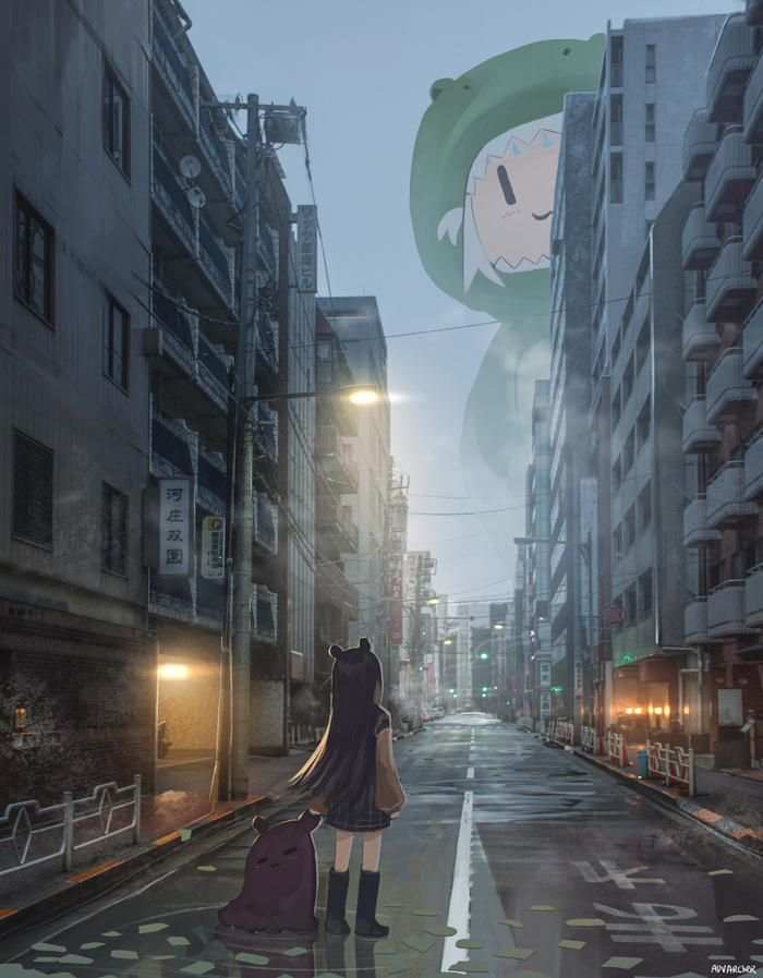 "The Loanshark of Dino Alley" Anime Art, Gawr Gura, Ninomae Inanis, Hololive, Virtual YouTuber