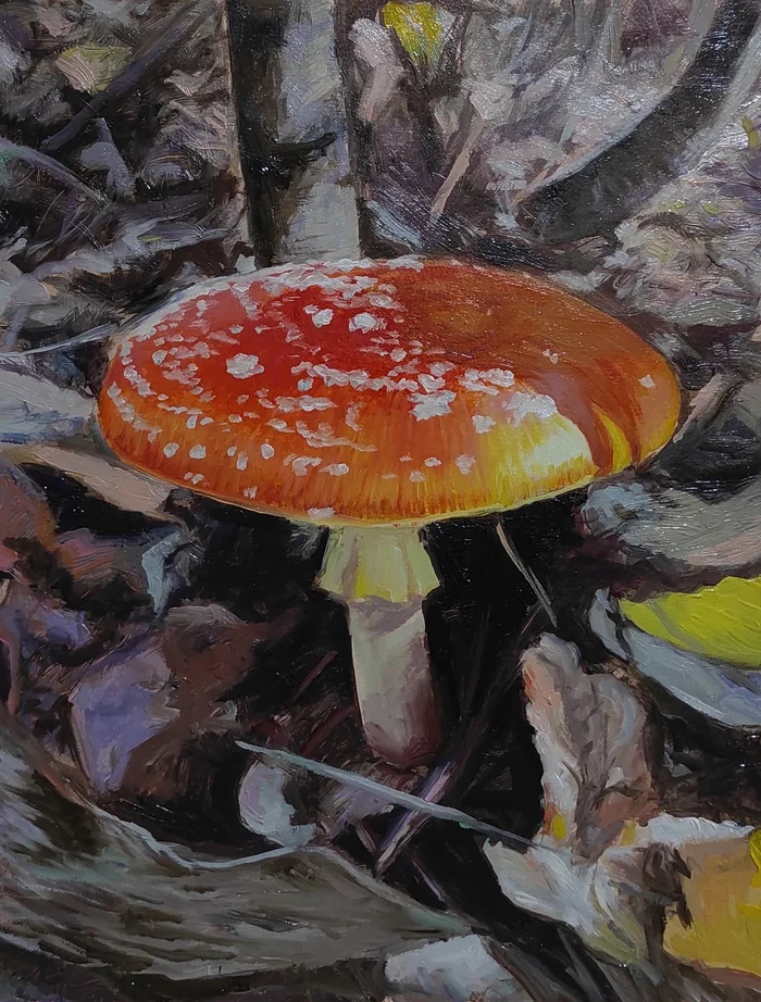 Fly agaric - My, Oil paints, Painting, Forest, Mushrooms