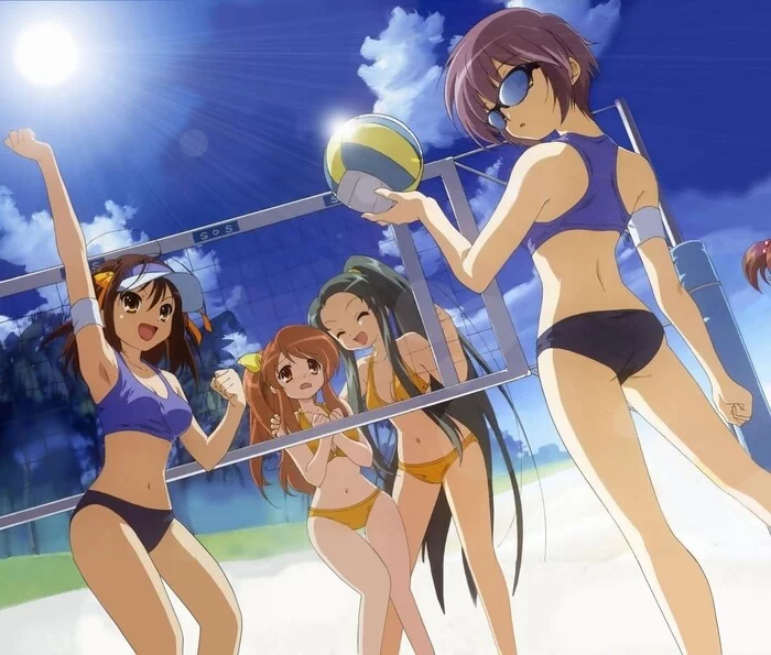 Hey Kyung, let's play together! - NSFW, Erotic, Anime art, Hand-drawn erotica, Swimsuit, Bikini, Visor, Anime, Suzumiya Haruhi no Yuuutsu, Suzumiya haruhi, Asahina mikuru, Nagato Yuki, Etty, Art, Digital drawing, Volleyball, Beach volleyball, Sunglasses, Beach, Palm trees