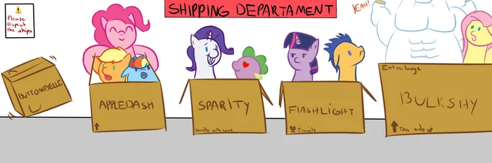 Shipping Department - My little pony, Twilight sparkle, Rainbow dash, Applejack, Pinkie pie, Fluttershy, Rarity, Spike, Flash Sentry, Bulk Biceps, Sweetie belle, Button Mash