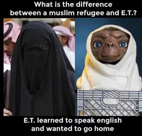 Difference - Migrants, Black humor, Aliens, Steven Spielberg, Muslims, Picture with text
