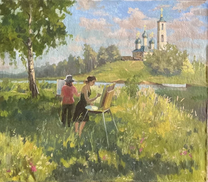 On summer sketches - My, Oil painting, Painting, Painting, Conversation piece, Nature, Summer, Church, River, Artist, Plein air, Etude, Realism, Art