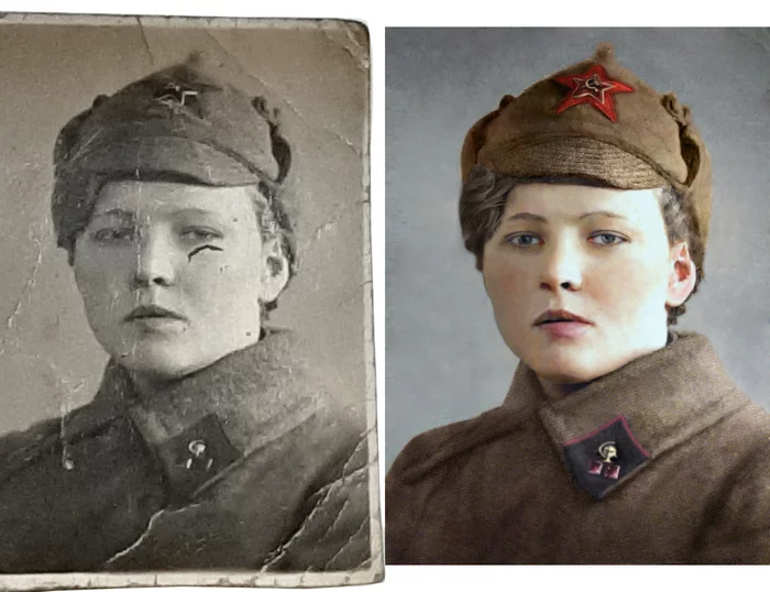 Restoration, colorization. Photo of a Red Army girl from 1930-1935 - My, Photo restoration, Colorization, Girls, Red Army soldiers, Made in USSR, friendship, Youth, Budenivka, Overcoat, Longpost