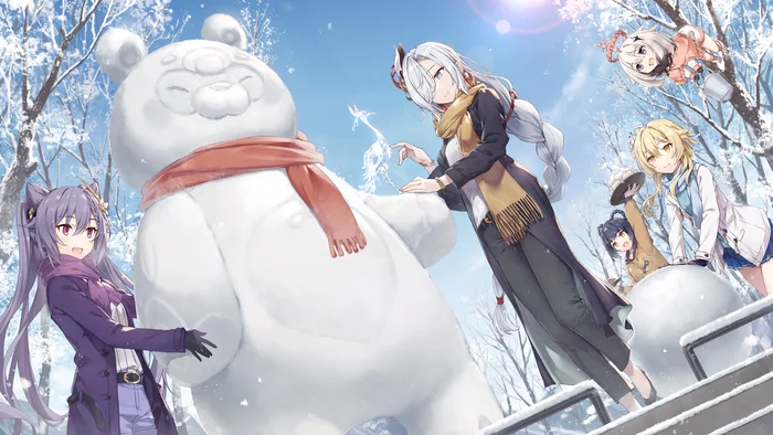Art by Gabiran - Anime art, Anime, Guoba, Keqing, Lumine, Paimon, Shenhe, Xiangling, Genshin impact, snowman