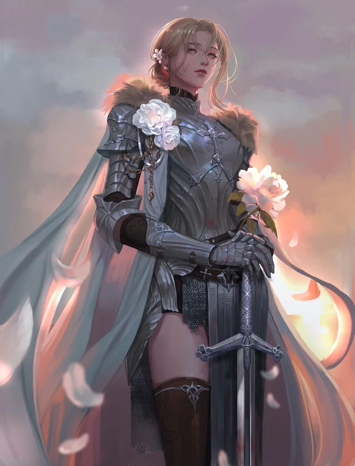 Flower Knight - Drawing, Knights, Girls, Armor, Flowers, Sword, Art