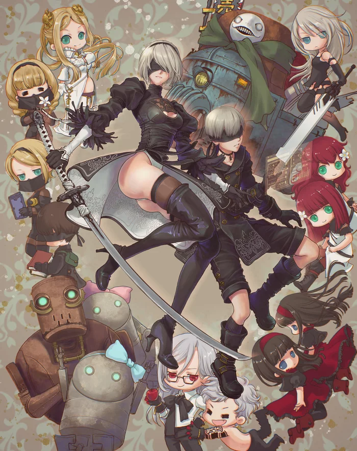 Art for the 5th anniversary of Nier Automata - NIER Automata, Yorha unit No 2 type B, Yorha unit No 2 type a, Yorha unit no 9 type S, YoRHa Commander, Art, Games, Popola devola