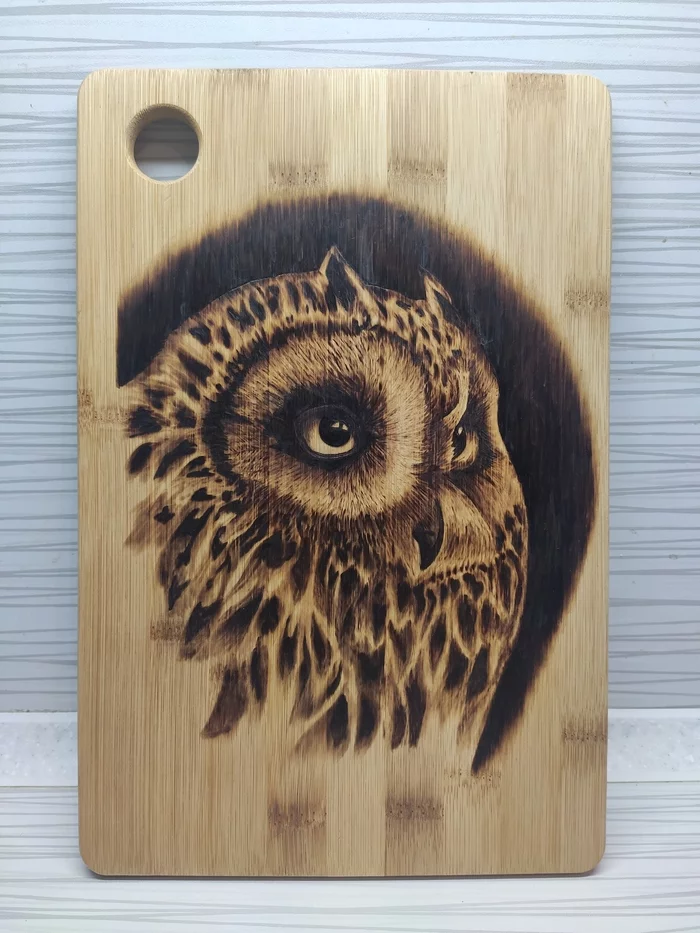 Woodburning - My, Friday tag is mine, Pyrography, Cutting board, Owl, Longpost