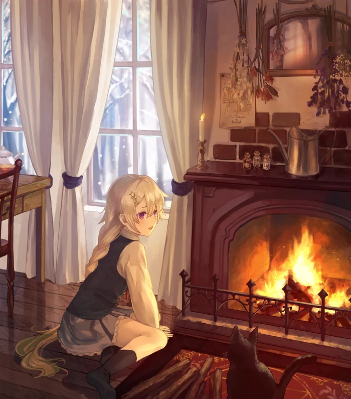 Art by Nomuraumu - Anime art, Anime original, Anime, cat, Fireplace