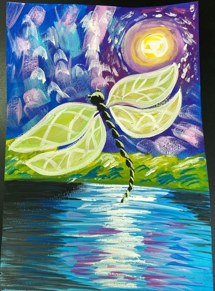 Dragonfly - My, Drawing, Learning to draw, Friday tag is mine, Gouache, Dragonfly, Night, Video