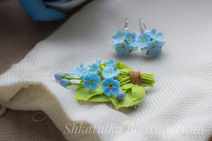 Forget-me-nots made of polymer clay - My, Forget-me-nots, Flowers, Brooch, Earrings, Decoration, Polymer clay, Decor, Лепка, Longpost