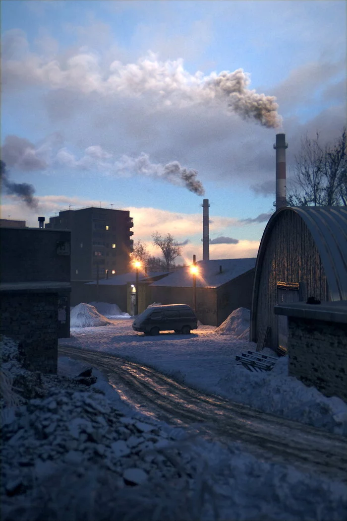 February... I wander through 3d garages - My, Computer graphics, 3DS max, Vray, Phoenixfd, Snow, Garage, Pipe, February, Sunset, Chthon, 3D animation, Render, Video, Longpost, Fog, Sky
