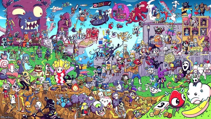 Indie Celebration - Deviantart, Games, Art, Crossover, Game art, Cuphead, Hollow knight, Dont starve, Among Us, Computer games, Indie game, Terraria, Fall Guys, Super meat boy, Steamworld Dig