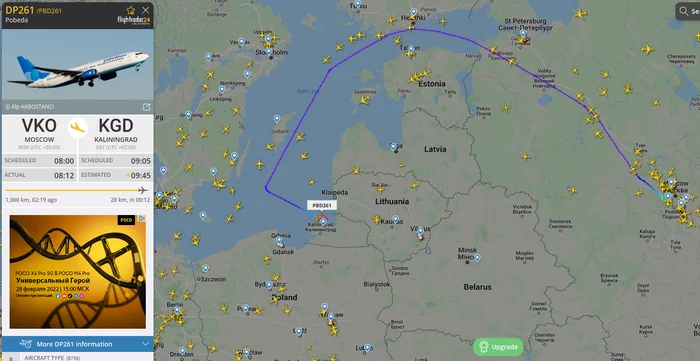 Moscow Kaliningrad arrived on a new route - Flightradar24, Sanctions, Air travel, Politics, Kaliningrad, Screenshot