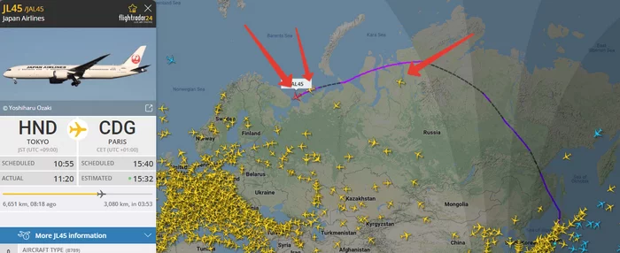 В то время как вводят санкции Европа и закрывает пространство, а мы зеркально... - Политика, Самолет, Россия, Европа, Санкции, Евросоюз, Япония, Flightradar24