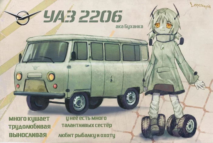 Any roads are dear to us) - Art, Anime art, Anime original, UAZ loaf, Humanization, Domestic auto industry, Anime