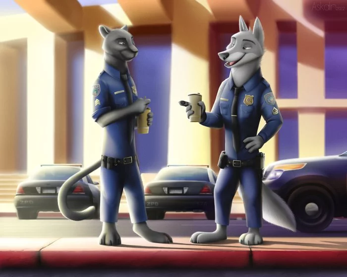 Service service, and coffee on schedule - Zootopia, Furry wolf, Furry Panther, Zpd, Andrejskalin, Coffee, Art, Furry