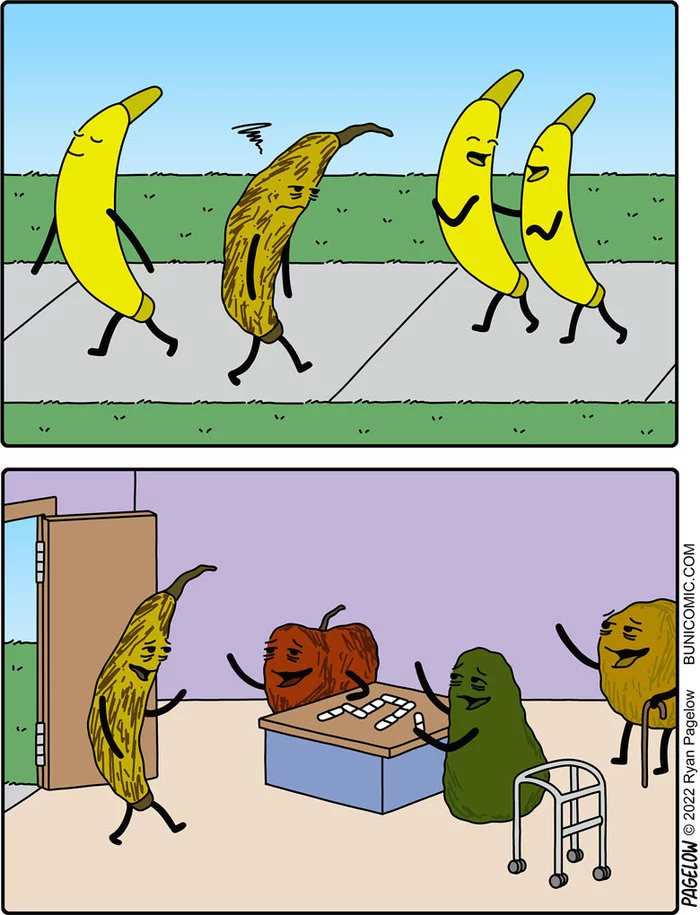 Ripe old age - Buni, Pagelow, Banana, Apples, Pear, Nursing home, Dominoes, Old age, Ripeness, Comics, Web comic, Withering