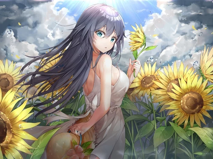 Sunflowers - Art, Anime, Anime art, Anime original, Sunflower, 