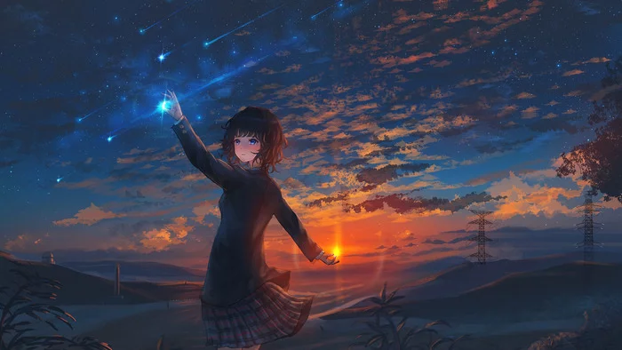 The wind died down. The clouds left the sky. Clear starry night - Art, Anime, Anime art, Anime original, Sunset, Starfall, 