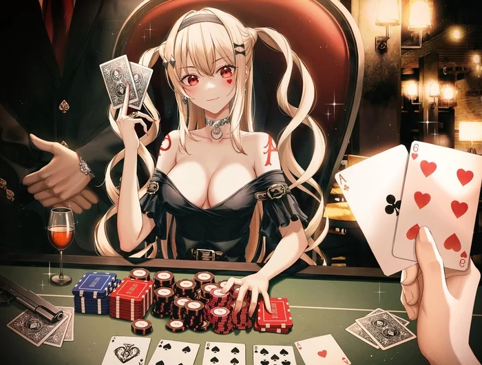 Your bets, gentlemen, are always pleasing to my eye! - Art, Anime, Anime art, Anime original, Casino, Playing cards, King and the Clown, Joker, 