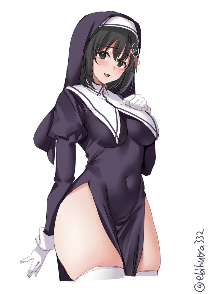 Haguro - Kantai collection, Anime, Anime art, Girls, Boobs, Hips, Stockings, Nun, Ebifurya, Haguro