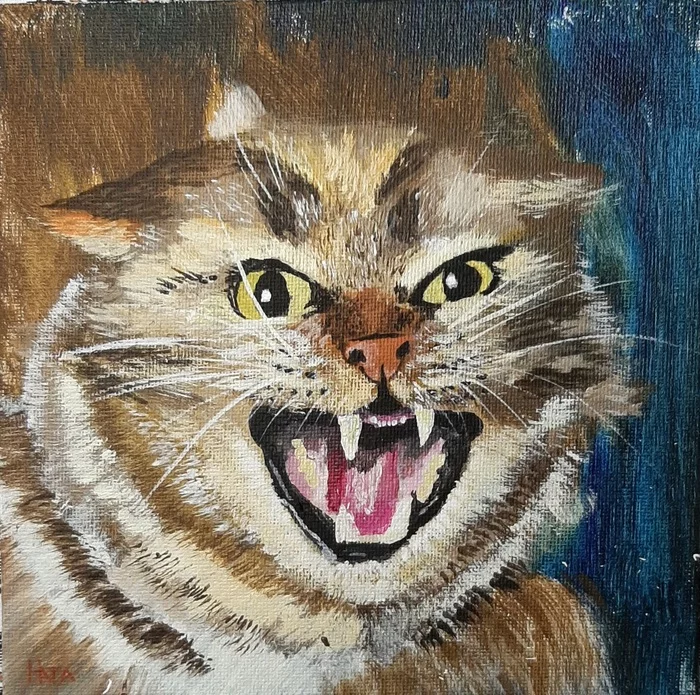 Greetings to all. I want to declare myself as a creative person and this is one of my recent works. I will be glad to comments and feedback - My, Drawing, Beginner artist, Acrylic, cat, 