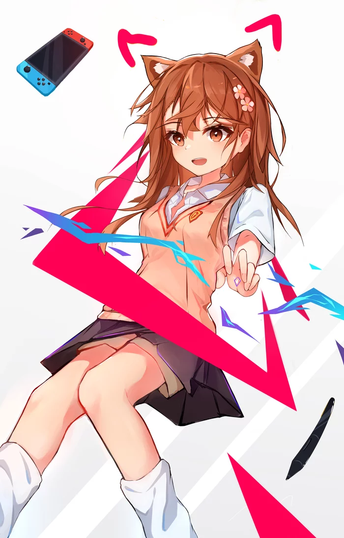 Мисака - Рисунок, Pixiv, To aru Kagaku No Railgun, Misaka Mikoto, Nintendo Switch, Animal Ears, Длиннопост, , Аниме, Anime Art