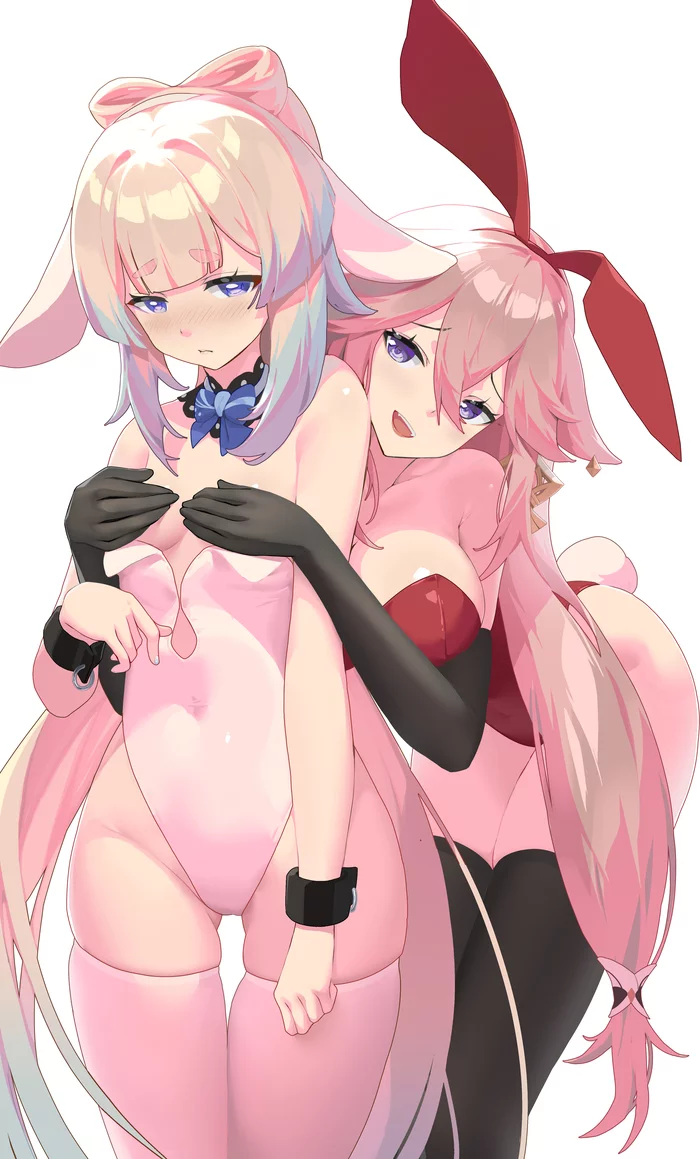 Bunnies - NSFW, Genshin impact, Sangonomiya Kokomi, Yae miko, Art, Girls, Games, Anime, Anime art, Boobs, Hand-drawn erotica, Bunnysuit, Stockings, Longpost