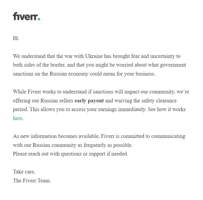 Fiverr remains in Russia and allows our users to withdraw money early - Fiverr, Freelance, IT, Sanctions, Remote work, Business, Small business, 