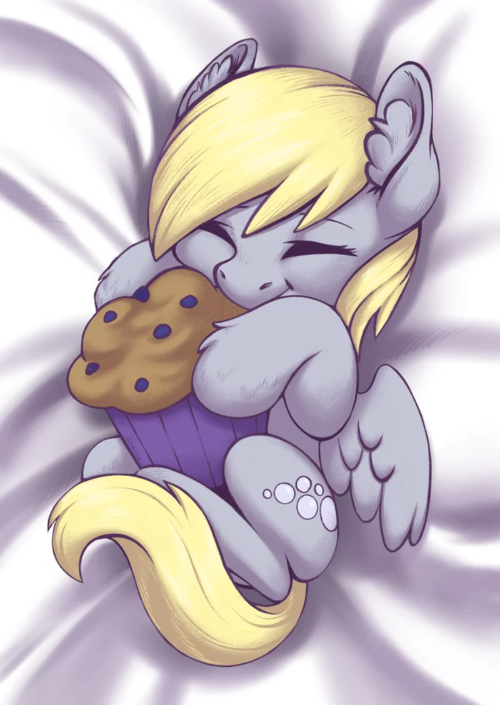 Lies in a hug with a muffin - My little pony, Derpy hooves, PonyArt, Art, Taytinabelle, 