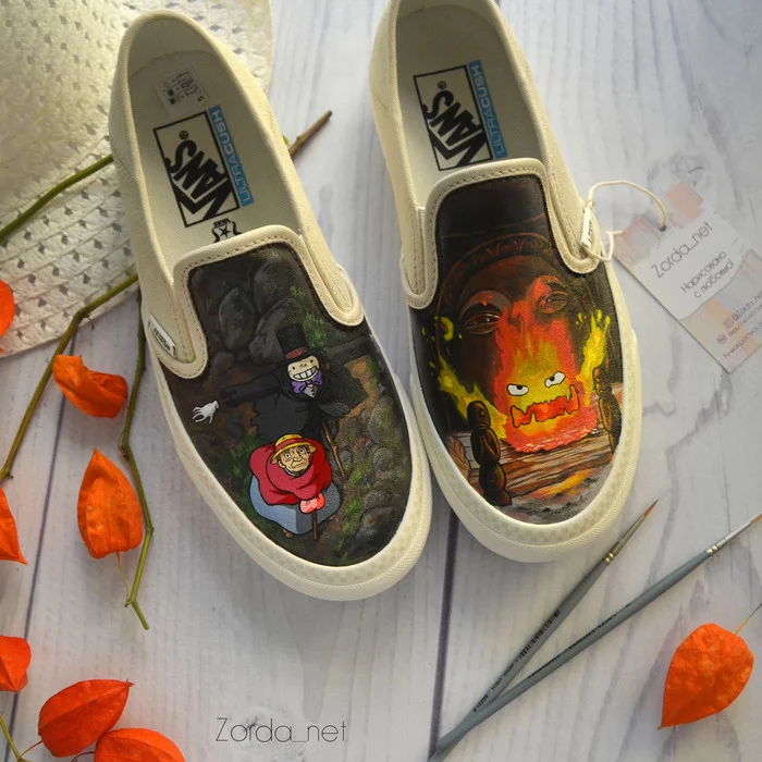 Painting shoes according to Miyazaki's masterpieces - , Longpost, Friday tag is mine, Needlework without process, Haul's walking castle, Painting on fabric, My, Hayao Miyazaki, Handmade, Shoe painting
