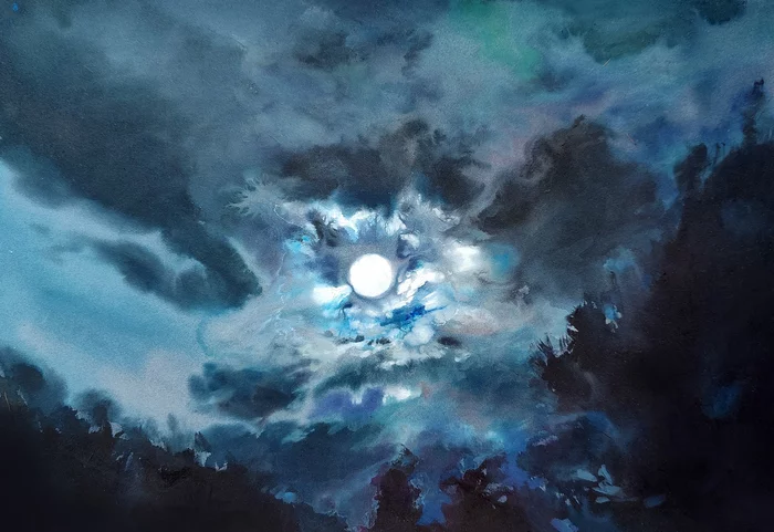 Moonlight night - My, Art, Painting, Full moon, moon, Acrylic, 