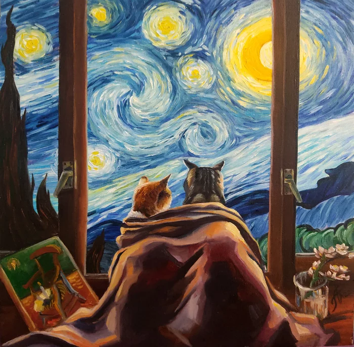 Van Gogh and the Cats - My, Painting, Oil painting, van Gogh, Van Gogh's Starry Night, Paul Gauguin, cat, Painting, Пасхалка, Longpost, 