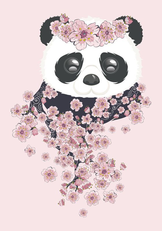 Panda and pink cherry blossoms - My, Flowers, Design, Digital, Hipster, Plants, Sakura, Panda, Pink, 