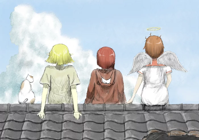 On the roof - Anime, Anime art, Serial Experiments Lain, Haibane Renmei, 