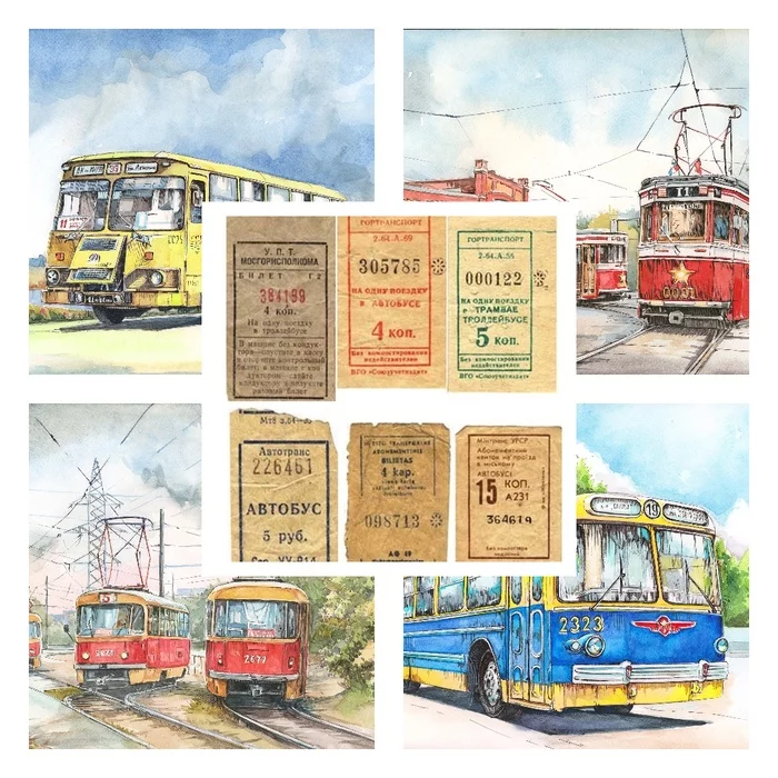 Ticket to childhood - the USSR, Bus, Tram, Train, Paints, Watercolor, Longpost, Public transport, 