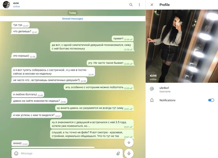 Как я упустил шикарную девушку - Девушки, Знакомства, Сайт знакомств, Обман, Мошенничество, Telegram, Переписка, Длиннопост, 