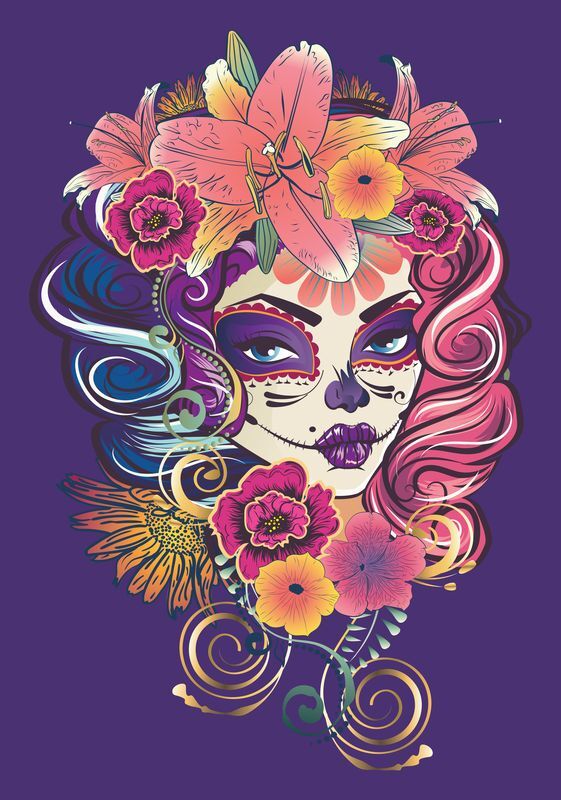 Sugar skull portrait with flowers - My, Flowers, Design, Digital, Hipster, Plants, Mexico, The day of the Dead, Halloween, Makeup, Pink, Purple, Vector graphics, Graphic design, Portrait, Girls, Decor, 